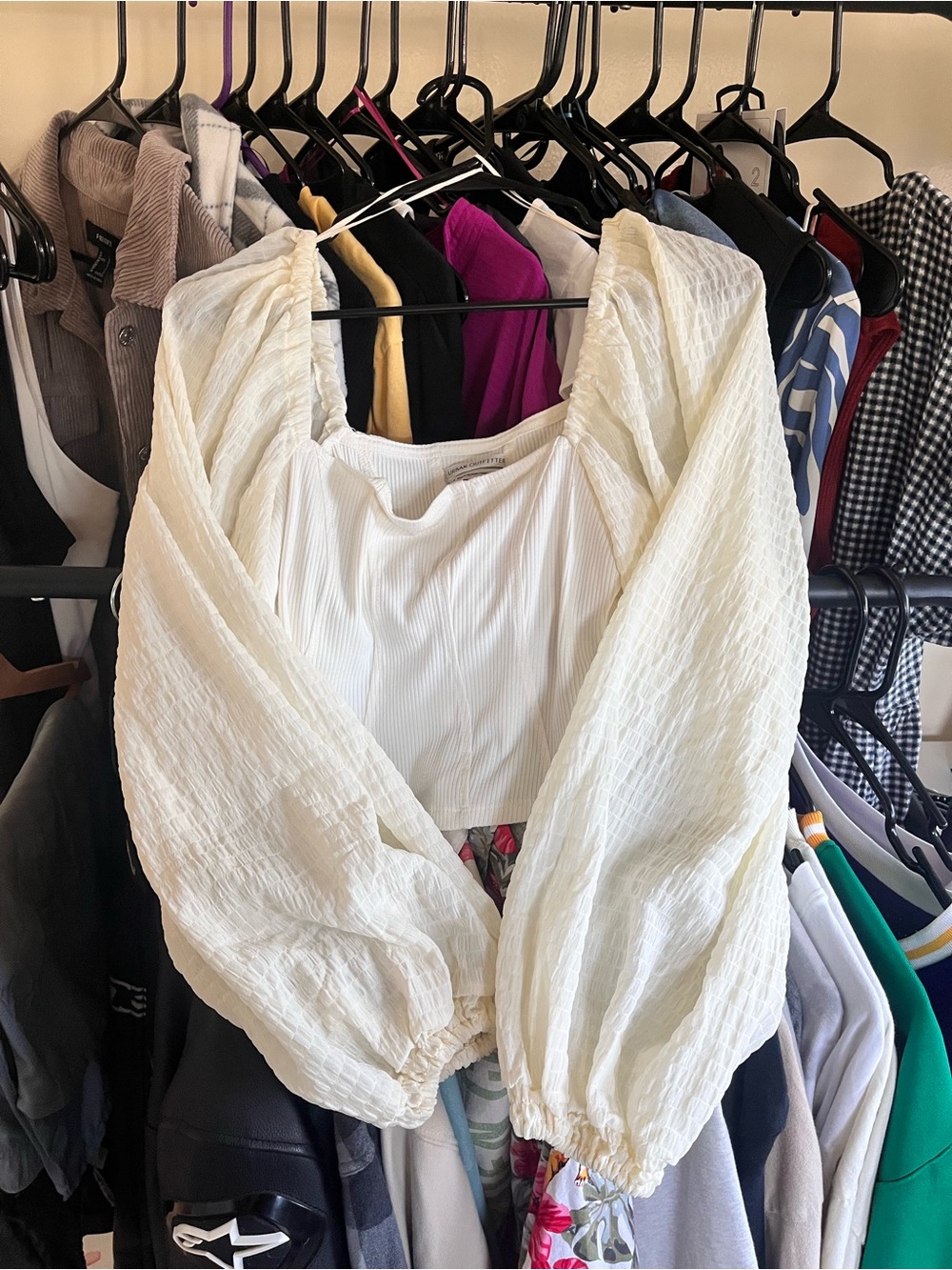 Urban Outfitters Cream Puff-Sleeve Square Neck Crop Top